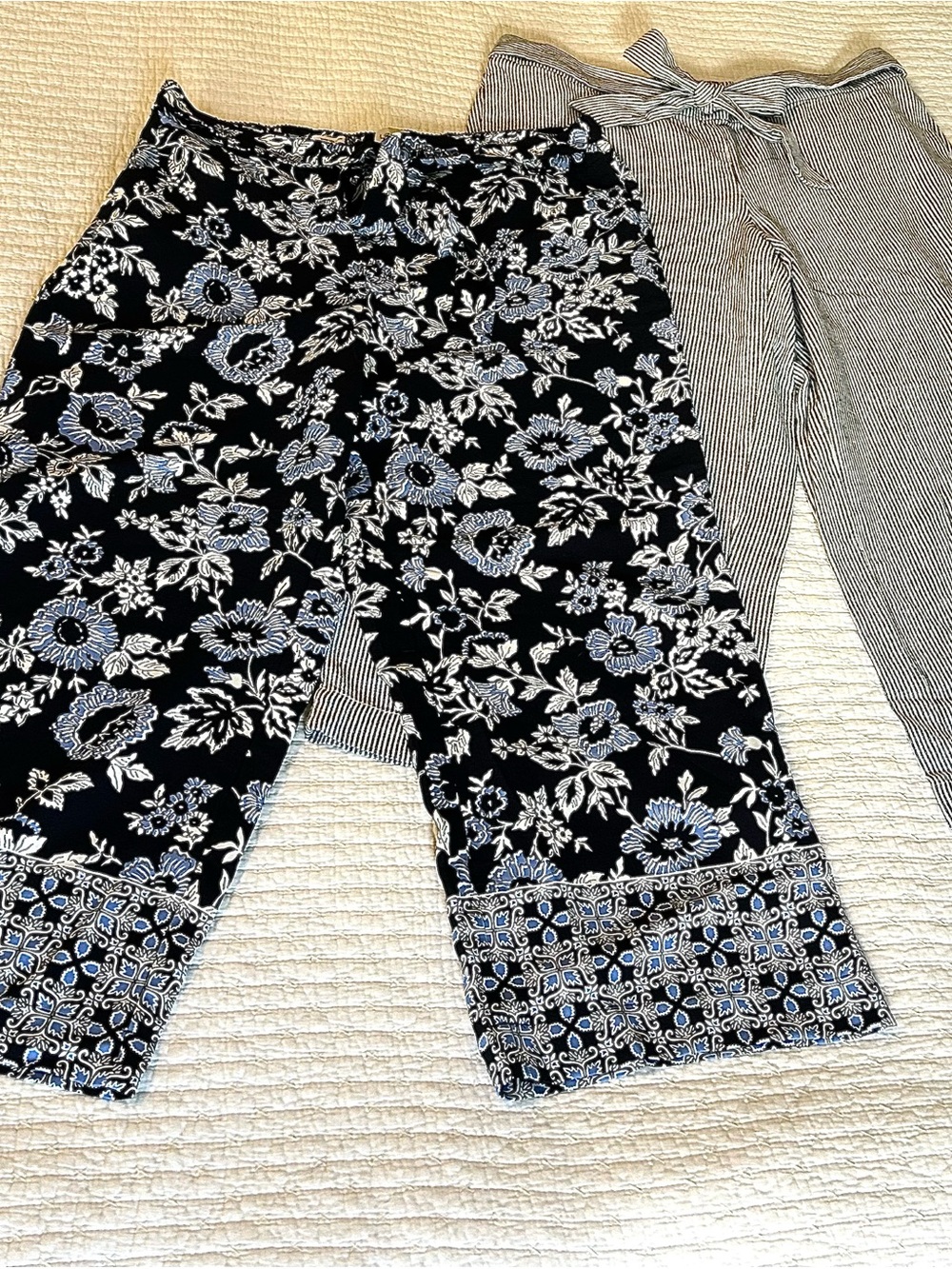 BUNDLE 2-LOFT Wide /Crop Leg Pants SzLG Blue/White Stripe And Blue Floral Damask